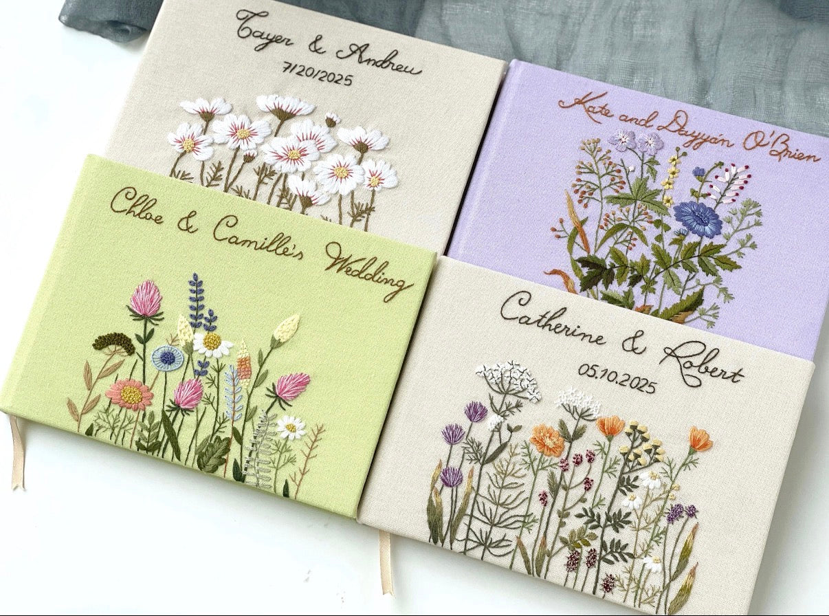 Linen Handmade Embroidered Wedding Guest Books