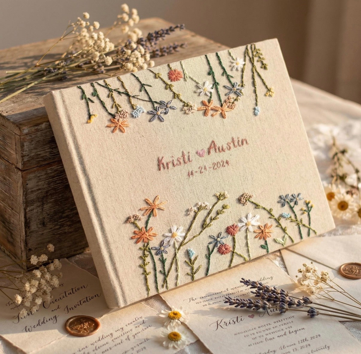 Linen Handmade Embroidered Wedding Guest Books