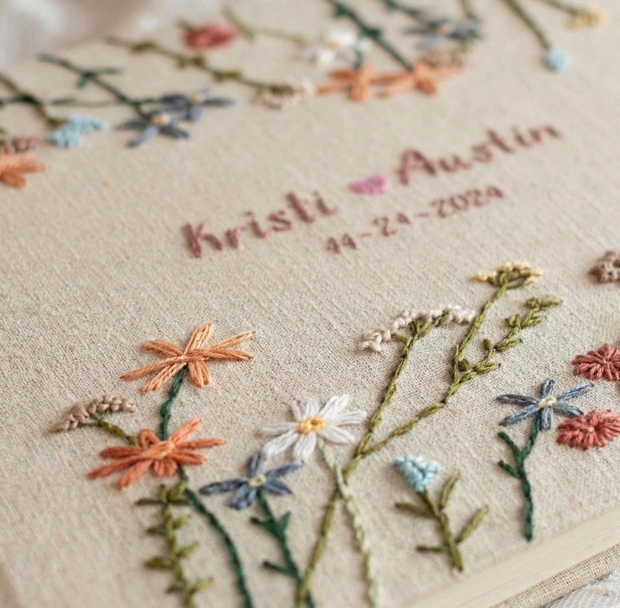 Linen Handmade Embroidered Wedding Guest Books
