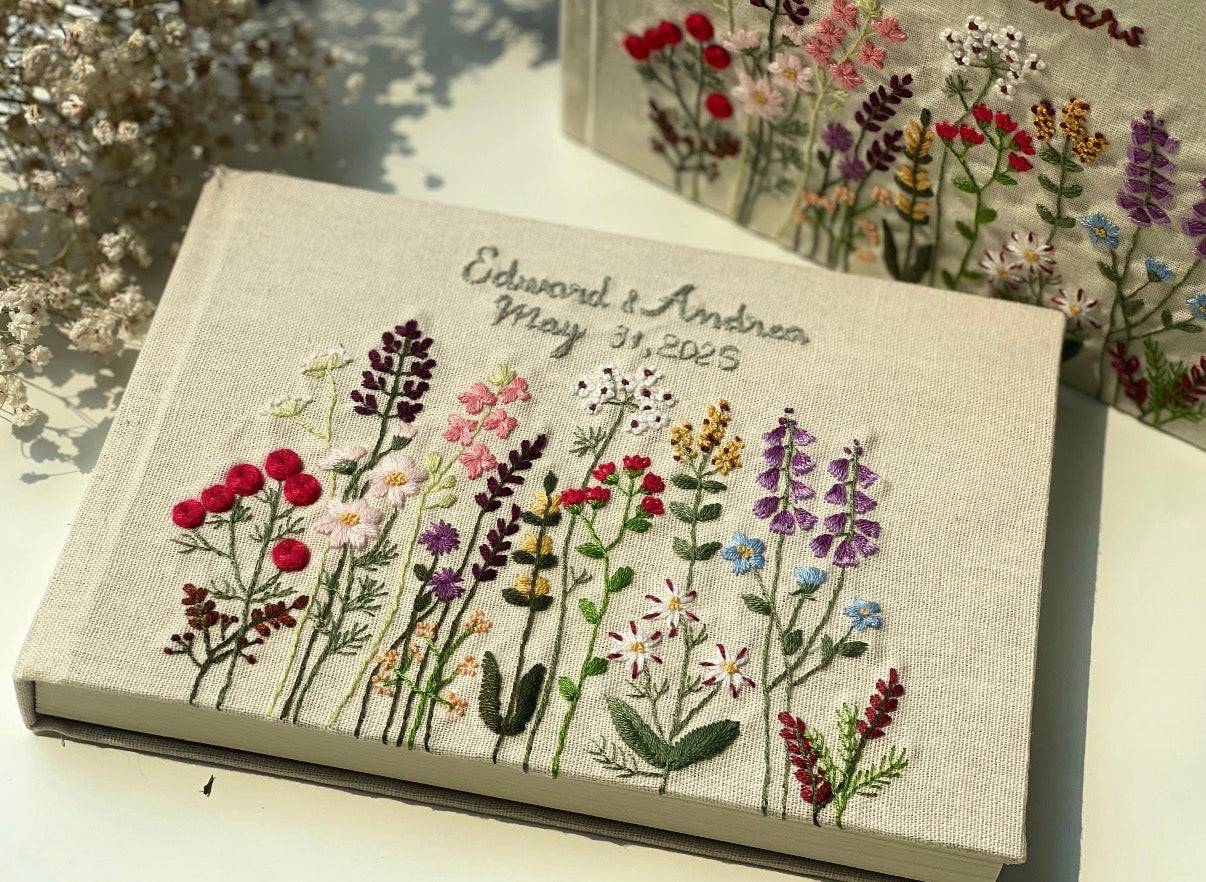 Linen Handmade Embroidered Wedding Guest Books