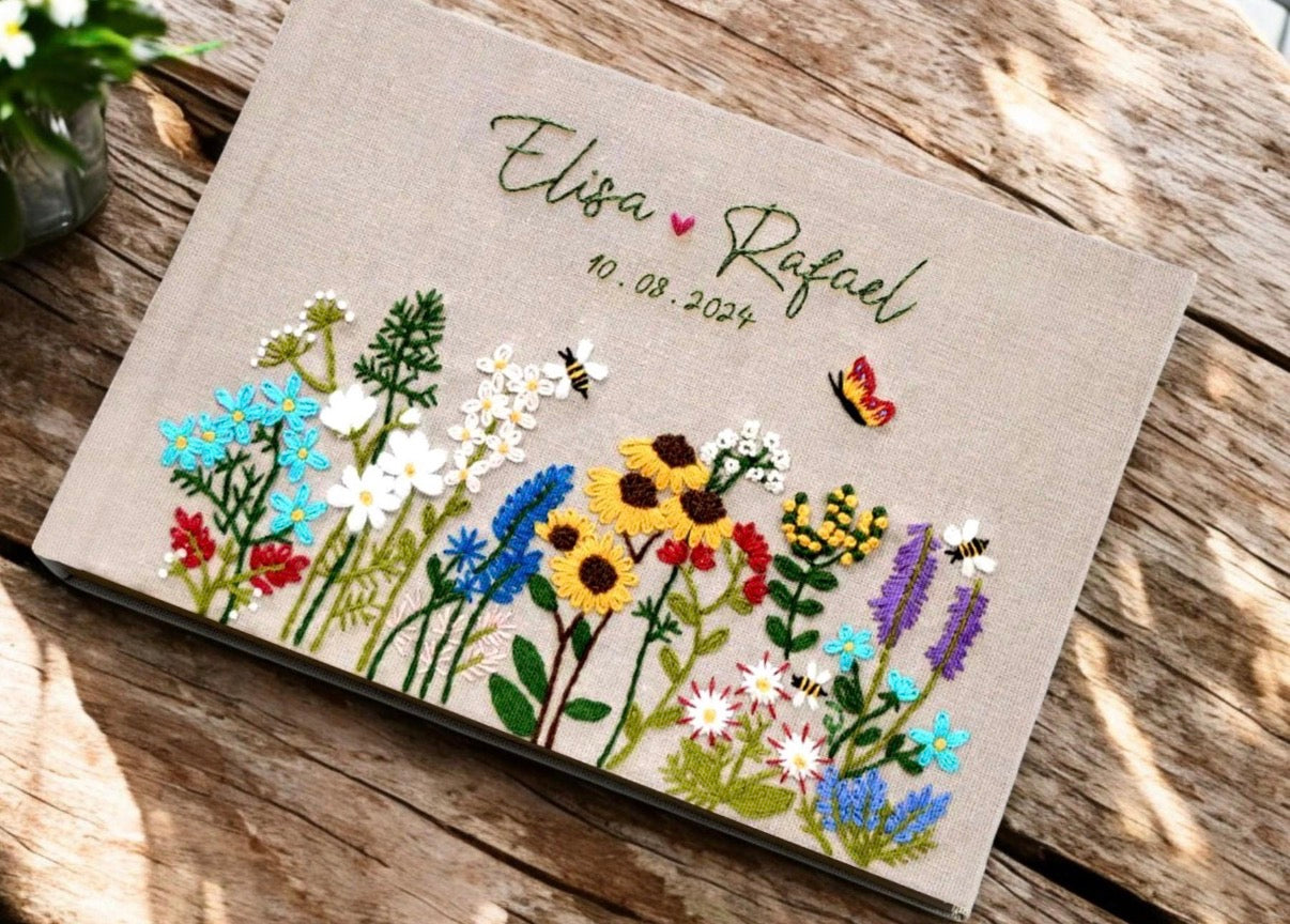 Linen Handmade Embroidered Wedding Guest Books